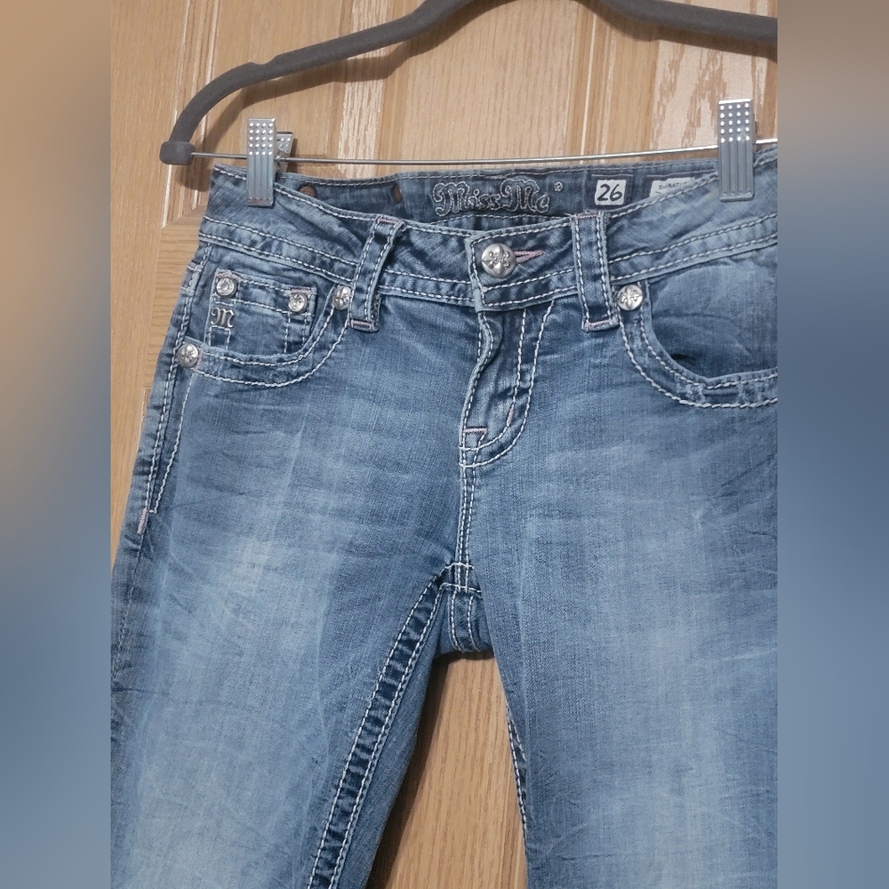 Bootcut Miss Me Jean Size 26 Inseam 33 Fleur De Lis Rhinestone Jewel Pockets - Picture 12 of 12